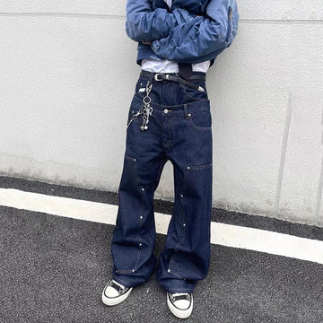 AIDASE  -  High Street Men's Jeans Washing Solid Color Metal Rivets Double Waistband Wide Leg Straight Loose Male Denim Pants 24K5919 aidase-shop